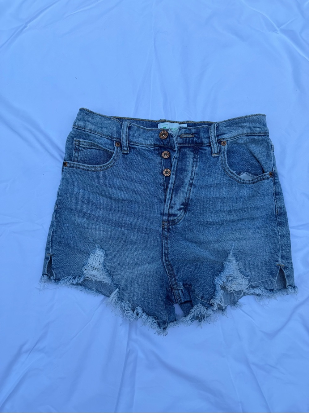 Men's Distressed Blue Denim Jean Shorts with Frayed Hem